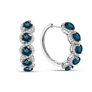 7.50 Carat Genuine London Blue Topaz & White Topaz Hoop Earrings in Sterling Silver