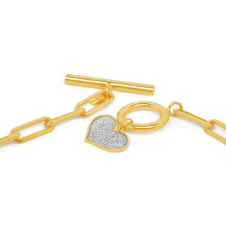 Bold Link Bar & Ring Glitter Gold Bracelet With Heart Charm in 9K Yellow Gold-7.5"