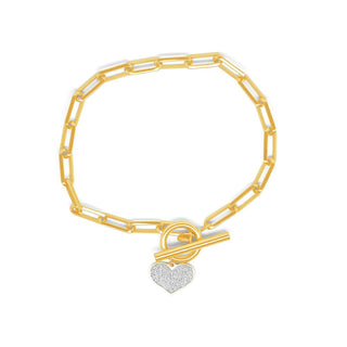 Bold Link Bar & Ring Glitter Gold Bracelet With Heart Charm in 9K Yellow Gold-7.5"