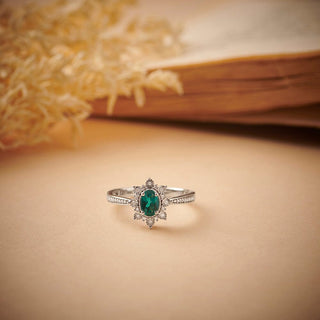 1/2 Carat Oval Shaped Emerald and Diamond Starry Ring in Sterling Silver